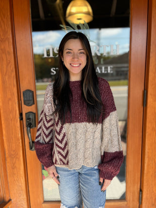 Wine Colorblock Chevron Sweater