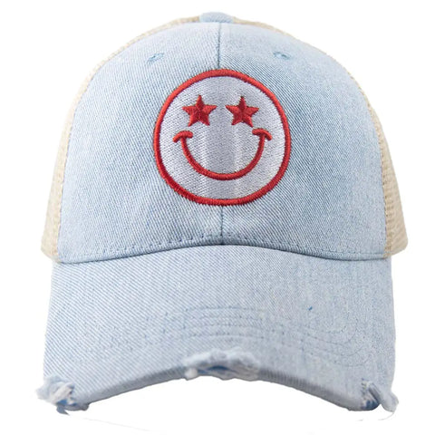 Starry Eyes Smile Trucker Hat | Light Denim