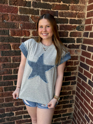 Misses Star w/Denim Combo Top in Grey
