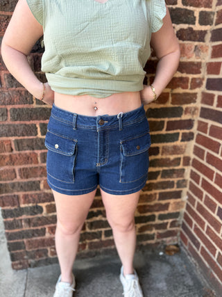 Kelli Cargo Risen Denim Shorts