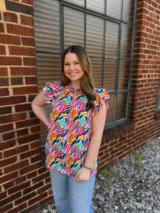 Misses Studio Abstract Ruffle Top