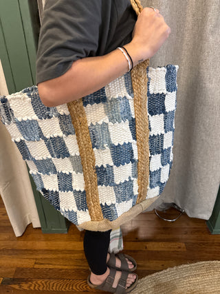 Boho Crochet Woven Tote-Denim Checker