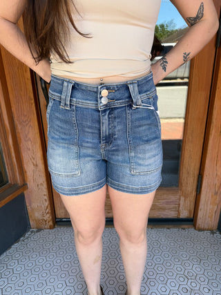 Erin High Rise Patched Front Pocket Risen Shorts