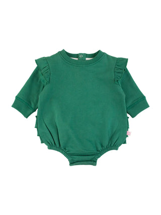 RuffleButts Baby Girls Fir Green Sweatshirt Bubble Romper