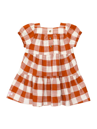 RuffleButts Girls Rust Plaid Puff Short Sleeve Tiered Dress