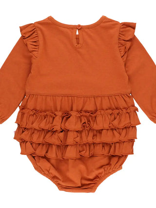 RuffleButts Baby Girls Rust Knit Long Sleeve Flutter Bubble Romper