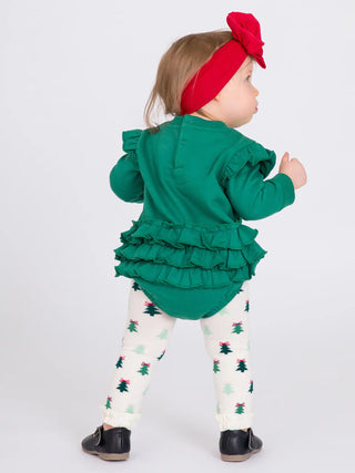 RuffleButts Baby Girls Fir Green Sweatshirt Bubble Romper