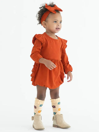 RuffleButts Baby Girls Rust Knit Long Sleeve Flutter Bubble Romper