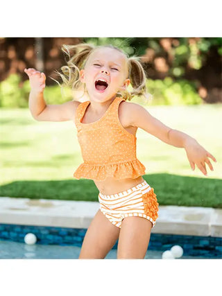 RuffleButts Melon Polka Dot Peplum Tankini